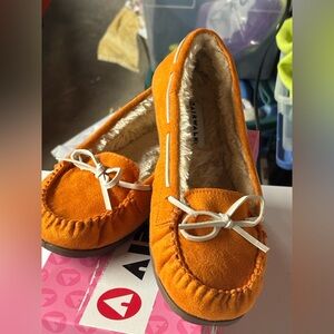 Orange Suede Moccasins with White Bow